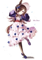  1girl animal_ears black_bow black_pantyhose blue_flower blue_rose blue_shirt blue_shoes blush bonnet bow brown_hair dress flipped_hair flower hair_over_one_eye highres horse_ears horse_girl horse_tail long_hair long_sleeves looking_at_viewer pantyhose parted_lips rice_shower_(umamusume) rose shirt shoes skirt solo standing standing_on_one_leg tail tanuki_maisnam umamusume violet_eyes white_skirt 