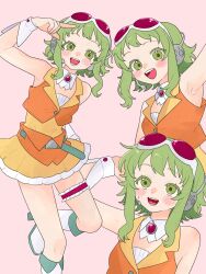  1girl boots commentary frilled_thigh_strap goggles goggles_on_head green_eyes green_hair gumi highres knee_boots komori_kamome looking_at_viewer miniskirt multiple_views open_mouth orange_vest skirt smile thigh_strap vest vocaloid wrist_cuffs 