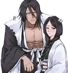  1boy 1girl absurdres anima_tion_1 black_hair black_kimono bleach braid front_braid hair_between_breasts haori highres japanese_clothes kimono long_hair muscular muscular_male pectorals scar scar_on_chest scar_on_sternum taichou_haori tall_male unohana_retsu white_haori zaraki_kenpachi 