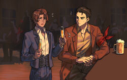  6+boys armband beer_mug brown_coat chinese_commentary coat collared_shirt commentary_request cup dead_rabbits_(identity)_(project_moon) heathcliff_(exhibition)_(project_moon) heathcliff_(project_moon) indoors jacket killerohan lapels limbus_company male_focus meursault_(project_moon) mug multiple_boys notched_lapels pants project_moon purple_jacket purple_pants red_armband shirt white_shirt 