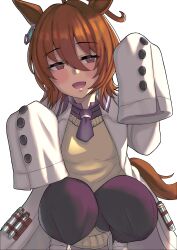  1girl absurdres agnes_tachyon_(tach-nology)_(umamusume) agnes_tachyon_(umamusume) ahoge animal_ears black_necktie black_pantyhose blush brown_hair chemical_structure coat commentary_request cork earrings gupunetsu hair_between_eyes highres horse_ears horse_girl horse_tail jewelry lab_coat long_sleeves necktie open_mouth pantyhose red_eyes shirt short_necktie single_earring sleeves_past_fingers sleeves_past_wrists smile solo squatting sweater sweater_vest tail test_tube umamusume white_coat wolf_cut yellow_sweater yellow_sweater_vest 