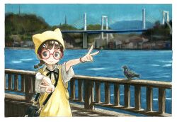  1girl absurdres animal animal_hat bag bird border braid brown_hair closed_mouth collared_shirt commentary_request day double_v dress glasses hair_ornament hairclip hat highres looking_at_viewer neck_ribbon nekojarashi_(yuuga) original outdoors photo_background railing red-framed_eyewear ribbon shirt short_sleeves shoulder_bag smile solo sweater_vest traditional_media twin_braids v watch watch water white_border white_shirt yellow_dress 