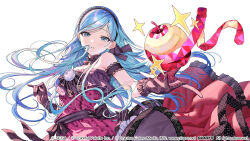  1girl apple apple_pendant bare_shoulders blue_eyes blue_hair breasts choker commentary company_name copyright_notice dress floating_hair flower food fruit gloves hair_ribbon hairband highres hinomori_shizuku lace lace-trimmed_choker lace-trimmed_dress lace-trimmed_hairband lace-trimmed_ribbon lace_gloves lace_trim layered_dress long_hair looking_at_viewer mole mole_under_mouth off-shoulder_dress off_shoulder official_alternate_costume official_art okuma_mai open_hand parted_lips pendant_choker pink_dress polka_dot polka_dot_dress project_sekai ribbon romeo_to_cinderella_(vocaloid) simple_background small_breasts solo star_(symbol) waist_ribbon white_background white_flower 