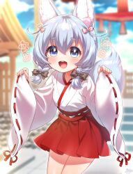 1girl absurdres animal_ears aqua_hair blue_eyes blush braid commentary commentary_request fox_ears fox_girl fox_tail hair_ornament hakama hakama_short_skirt hakama_skirt highres japanese_clothes koyomi_(shironeko_project) miko open_mouth red_hakama shironeko_project shrine skirt smile tail twin_braids untranslatable_commentary wide_sleeves yufukiri 