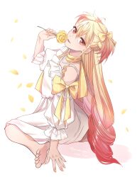  1girl 2025 absurdres blonde_hair bow commentary_request curly_hair dated dress flower gradient_hair hair_bow happy_birthday highres holding holding_flower jewelry long_hair looking_back multicolored_hair nail_polish necklace open_mouth orange_hair petals red_eyes rose seibu_rio shine_post sitting solo teeth two_side_up uraraka_(urrk_u) very_long_hair wariza white_dress yellow_bow yellow_flower yellow_nails yellow_petals yellow_rose 