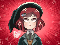  :o black_hat blush bob_cut collared_shirt commentary danganronpa_(series) danganronpa_v3:_killing_harmony emphasis_lines english_commentary floral_background hair_ornament hat heart jacket love-me-forevermore open_clothes open_jacket open_mouth pink_eyes portrait red_background red_hair shirt short_hair witch_hat yumeno_himiko 