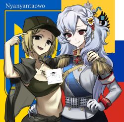  2girls absurdres alpha_(alpha_1918) armband belt black_eyes blonde_hair blue_sash buttons censored coat collarbone collared_jacket crop_top cross cross_necklace cross_pendant epaulettes fang flag_patch gloves green_tank_top grey_jacket hair_between_eyes hairpiece hand_on_another's_hip hand_on_another's_shoulder hand_on_own_hip hat highres hug hug_from_side jacket jacket_over_shoulder jewelry long_hair looking_at_viewer marichka mazepynka medium_hair meme_inset military_dress_uniform military_uniform multiple_girls navel necklace nyanyantaowo open_mouth original pants patch peaked_cap pointing pointing_at_self red_eyes russian_empire russian_flag russo-ukrainian_war sash signature skin_fang smile soldier stomach tank_top tongue tryzub ukrainian_flag unworn_jacket very_long_hair white_belt white_coat white_gloves white_hair white_jacket 