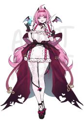  1girl absurdres adoptable ahoge bare_shoulders black_gloves black_horns black_shoes blue_eyes blue_fire blunt_bangs bow cape commentary demon_tail detached_wings english_commentary eyelashes fire footwear_bow full_body gloves hair_intakes hairband highres holding holding_knife horns knife long_hair miclipse open_mouth original pale_skin pantyhose pink_hair pointy_ears red_bow red_cape red_hairband red_pupils red_ribbon ribbon shirt shoes simple_background single_glove smile solo standing tail tail_around_own_leg tail_ornament tail_ribbon teeth upper_teeth_only vampire very_long_hair waist_cape white_background white_pantyhose white_shirt wings 
