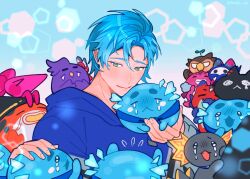  1boy altventurer_(regis_altare) animal_on_shoulder axelotl_(axel_syrios) axolotl bettelion_(gavis_bettel) bird bird_on_shoulder blue_hair bubby_(goldbullet) creature crying fingernails fish green_eyes hakkito_(banzoin_hakka) highres hiimtae_sb holding holding_creature holostars holostars_english hood hoodie koi koipanion_(josuiji_shinri) machiroon_(machina_x_flayon) male_focus poppet_(octavio) regis_altare ruzader_(crimzon_ruze) short_hair slime_(creature) sorawrity_(jurard_t_rexford) tears upper_body virtual_youtuber 