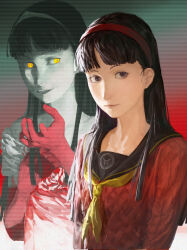  absurdres amagi_yukiko arm_at_side black_hair black_sailor_collar blood blood_on_clothes blood_on_hand blunt_bangs brown_eyes cardigan closed_mouth commentary dress evil_grin evil_smile from_side gradient_background grin hairband hand_on_own_chest head_tilt highres long_hair long_sleeves looking_to_the_side neckerchief parted_lips persona persona_4 persona_4_the_golden red_cardigan red_hairband red_sweater sailor sailor_collar scanlines school_uniform shadow_(persona) shijie_de_zaie_-_zhaoze simple_background smile sweater teeth tiara upper_body white_dress white_tiara yasogami_school_uniform yellow_eyes yellow_neckerchief 