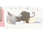 1girl =_= animal_ears bangs blush_stickers capelet closed_eyes commentary crawling from_side full_body grey_hair highres ishikkoro kotatsu long_sleeves mouse_ears mouse_tail nazrin no_nose short_hair socks solo table tail touhou 