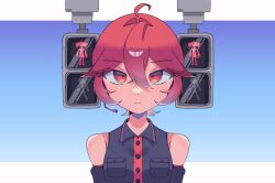  1girl :| ahoge bare_shoulders black_skirt black_sleeves breast_pocket breasts closed_mouth collared_shirt commentary detached_sleeves double-parted_bangs flipped_sidelocks hair_between_eyes headset highres kasane_teto kasane_teto_(utau) letterboxed looking_at_viewer may4k outside_border pedestrian_lights pocket portrait red_eyes red_hair shirt short_hair sidelocks skirt sleeveless sleeveless_shirt small_breasts solo straight-on two-tone_shirt utau 