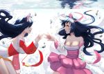  2girls ahri animal_ears bare_shoulders black_hair bubble detached_sleeves dress facial_mark fox_ears fox_girl fox_tail highres japanese_clothes kimono korean_clothes league_of_legends long_hair multiple_girls ribbon short_kimono smile submerged tagme tail underwater water whisker_markings whitehee93 yellow_eyes 