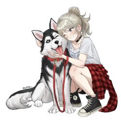  1girl black_choker choker clothes_around_waist commentary dog girls_band_cry grey_hair highres jacket jacket_around_waist kawaragi_momoka logo oomumyo piercing_hole ponytail red_jacket shirt simple_background solo squatting white_background white_shirt 