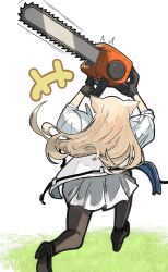  1girl animal_ears aqa arknights arknights:_endfield arms_up bird_ears bird_girl black_gloves black_pantyhose black_shoes brown_hair chainsaw chasing commentary_request dress fortnite from_behind gloves highres holding holding_chainsaw jacket long_hair pantyhose perlica_(arknights) shoes solo white_dress white_hair white_jacket 