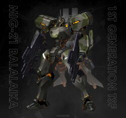  absurdres artist_name assault_visor black_background camouflage commentary dual_wielding english_commentary english_text full_body grenade_launcher gun highres holding holding_gun holding_weapon kreuzer_00 large_variant_set lineart_zoom_layer machine_gun mecha mecha_focus mig-21_balalaika_(muv-luv) muv-luv muv-luv_alternative no_humans radio_antenna robot schwarzesmarken science_fiction standing tactical_surface_fighter underbarrel_grenade_launcher variant_set watermark weapon yellow_assault_visor 