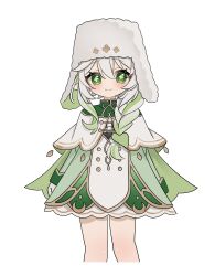  1girl absurdres blush braid capelet closed_mouth commentary_request cropped_legs cross-shaped_pupils dress genshin_impact gold_trim green_dress green_eyes green_hair hair_between_eyes hat highres kumane_(osakanadonn) long_hair long_sleeves looking_at_viewer nahida_(genshin_impact) nahida_(nord_express)_(genshin_impact) official_alternate_costume simple_background smile solo symbol-shaped_pupils ushanka white_background white_capelet white_hair white_hat 