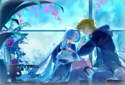  1boy 1girl absurdres aqua_eyes arm_belt artist_request backlighting blonde_hair blue_bow blue_bowtie blue_eyes blue_hair blue_jacket blue_pants bow bowtie chinese_commentary collared_shirt commentary_request commissioner_insert degrees_of_lewdity double-parted_bangs eyebrow_piercing face_piercing feet_out_of_frame flower hair_between_eyes hair_intakes highres holding holding_stuffed_toy hood hood_down indoors jacket legwear_garter long_hair long_sleeves miniskirt mole mole_under_eye nostrils one_side_up pants piercing player_character_(degrees_of_lewdity) player_character_(female)_(degrees_of_lewdity) rain rose second-party_source shirt short_hair sitting skirt socks stuffed_animal stuffed_sheep stuffed_toy vase very_long_hair white_shirt white_socks whitney_(degrees_of_lewdity) whitney_(male)_(degrees_of_lewdity) window 