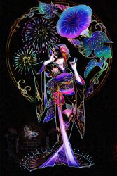  1girl 8rami2ki black_background black_kimono bug butterfly commentary_request firework_background fireworks_print floral_background floral_print floral_print_kimono flower fox_mask fox_shadow_puppet full_body gradient_background gradient_clothes gradient_kimono highres japanese_clothes kimono long_hair mask original print_kimono purple_hair purple_sash red_flower sash solo 