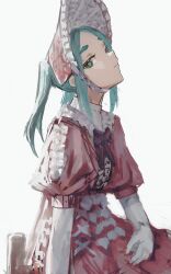  1girl absurdres accurate_lolita_coord aqua_hair bonnet bow bowtie cokei collar commentary dress frilled_collar frilled_dress frills green_eyes hat highres lolita_fashion looking_at_viewer monogatari_(series) ononoki_yotsugi short_eyebrows sideways_glance simple_background solo thick_eyebrows untranslatable_commentary white_background 