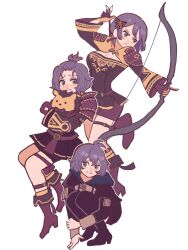  1girl absurdres age_progression antenna_hair archery arrow_(projectile) bangs_pinned_back bernadetta_von_varley bernadetta_von_varley_(timeskip) bike_shorts black_boots boots bow bow_(weapon) breasts chimney_(chimney0311) cleavage_cutout clothing_cutout commentary embarrassed fire_emblem fire_emblem:_three_houses fire_emblem_warriors:_three_hopes full_body garreg_mach_monastery_uniform garter_belt hair_bow highres holding holding_arrow holding_bow_(weapon) holding_stuffed_toy holding_weapon looking_at_viewer looking_to_the_side medium_breasts multiple_views official_alternate_costume official_alternate_hairstyle purple_boots purple_hair short_hair simple_background sitting stuffed_toy topknot untranslatable_commentary violet_eyes weapon white_background 