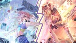  2girls absurdres alternate_costume asymmetrical_legwear black_skirt black_sleeves black_tank_top black_thighhighs blue_eyes blue_skirt blue_tank_top broken_heart broken_heart_hair_ornament brown_hair commentary commission english_commentary evil_neuro-sama from_side gloves guitar hair_ornament heart heart_hair_ornament highres holding holding_guitar holding_instrument holding_microphone instrument long_hair microphone miniskirt mismatched_legwear multiple_girls navel neuro-sama open_mouth pleated_skirt red_eyes siblings singing single_glove single_sleeve sisters skirt standing stereo stomach tank_top thigh-highs twins two_side_up vedal_ai virtual_youtuber white_gloves white_thighhighs windsketchy 