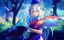  1girl :3 :o blue_eyes blue_hair blue_hat blurry bow bush chasing commentary_request crossed_arms dress ex-keine fiery_tail fire forest fujiwara_no_mokou green_fur hair_between_eyes hat highres horn_ornament horn_ribbon horns i_love_suwako jewelry kamishirasawa_keine leaf long_hair looking_at_viewer nature ofuda open_mouth pendant red_bow red_fur ribbon short_sleeves sparkle sukusuku_hakutaku tail touhou tree upper_body very_long_hair water_drop white_fur 