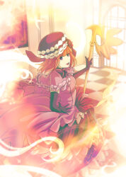  1girl azumi-kun black_bow black_gloves black_hat black_skirt blurry bow bug butterfly capelet checkered_floor depth_of_field dress dress_bow elbow_gloves eva_beatrice flower frilled_capelet frilled_dress frills gloves glowing glowing_butterfly hand_on_own_hip hat hat_flower holding holding_staff indoors looking_at_viewer orange_hair portrait_(object) purple_capelet purple_dress red_bow red_flower red_rose rose skirt smile sparkle staff umineko_no_naku_koro_ni vignetting violet_eyes window 