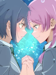  2girls bang_dream! bang_dream!_it's_mygo!!!!! brown_eyes chihaya_anon closed_mouth commentary_request diagonal-striped_clothes diagonal-striped_necktie english_commentary green_necktie grey_hair haneoka_school_uniform highres interlocked_fingers long_hair multiple_girls necktie parted_lips pink_hair school_uniform short_hair striped_clothes striped_necktie takamatsu_tomori tsuyudashimirin yuri 