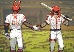  2boys baseball_(sport) baseball_bat baseball_uniform black_gloves chinese_commentary commentary_request dead_rabbits_(identity)_(project_moon) gloves green_eyes heathcliff_(project_moon) highres holding holding_baseball_bat jacket killerohan limbus_company long_sleeves meursault_(project_moon) multiple_boys pants project_moon rabbit_helmet sportswear stadium white_gloves white_jacket white_pants wuthering_heights_(identity)_(project_moon) 