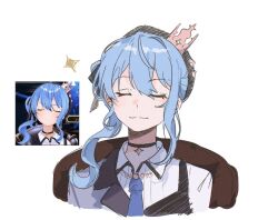  1girl asymmetrical_sidelocks beret blue_hair choker closed_eyes closed_mouth comparison crown facing_viewer flat_chest hair_between_eyes hair_ornament half-jacket hat hololive hoshimachi_suisei hoshimachi_suisei_(14th_costume) jacket mini_crown official_alternate_costume pendant_choker plaid_clothes plaid_jacket ribbon sakgi shirt short_hair side_ponytail sidelocks simple_background smile smug solo star_(symbol) star_choker star_pendant virtual_youtuber white_background white_shirt 
