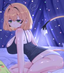   ahoge blonde_hair blue_vest blush breasts dooby green_eyes highres huge_breasts indie_virtual_youtuber jerboa_tail kippu_(dooby) mole mole_on_thigh multicolored_hair on_bed panties pillow sillymyne sky sleepy star_(sky) starry_sky streaked_hair thick_thighs thighs underwear vest white_panties