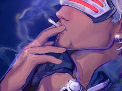  1boy ace_attorney blue_shirt cigarette earrings fingernails godot_(ace_attorney) head-mounted_display highres jewelry male_focus messyinklines phoenix_wright:_ace_attorney_-_trials_and_tribulations shirt short_hair smoke smoking solo upper_body watch watch white_hair 