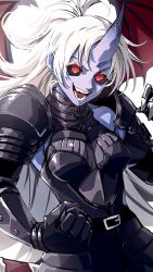  1girl armor atoferatofe_rybak black_armor black_sclera colored_sclera colored_skin commentary_request cowboy_shot demon highres horns long_hair mushoku_tensei open_mouth purple_skin red_eyes seriro00112 simple_background single_horn solo white_background white_hair wings 