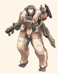  1boy armor assault_visor combat_helmet exoskeleton facing_viewer gun halo_(series) helmet highres m7 machine_gun mecha military military_uniform pointing power_armor reflex_sight robot science_fiction spartan_(halo) standing submachine_gun the_count_of_s weapon white_background 