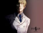  1boy bifanghuanshi blonde_hair copyright_name dated dogs:_bullets_&amp;_carnage double-breasted dual_persona formal giovanni_(dogs) highres logo necktie skull solo suit yellow_eyes 