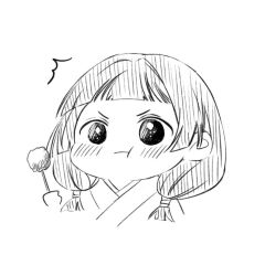  1girl :t blunt_bangs blush chibi chibi_only closed_mouth commentary_request cropped_shoulders food greyscale hatching_(texture) holding holding_food iori_utahime jujutsu_kaisen koma_noha linear_hatching long_hair looking_at_viewer low_twintails monochrome no_pupils official_alternate_hairstyle pout simple_background sketch solo twintails upper_body white_background 