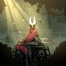  1girl arthropod_girl artofthemask bag beads black_eyes black_skin cloak colored_skin cracked_mask crossed_legs fog full_body highres hollow_eyes hollow_knight horned_mask hornet_(hollow_knight) horns light_rays looking_at_viewer mask needle_(hollow_knight) prayer_beads red_cloak sitting solo sunbeam sunlight weapon weapon_on_back white_mask 