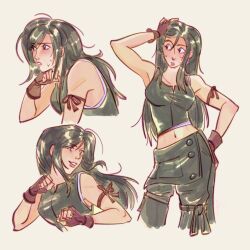  1girl apron arm_ribbon arm_up armpits bare_shoulders black_apron black_hair black_shorts black_vest breasts collarbone commentary cowboy_shot crop_top cropped_legs cropped_torso dissidia_final_fantasy dissidia_final_fantasy_nt fighting_stance final_fantasy final_fantasy_vii final_fantasy_vii:_advent_children fingerless_gloves gloves hand_on_own_head hand_on_own_hip highres jess_(junissic) long_hair looking_to_the_side medium_breasts midriff_peek multiple_views navel parted_lips red_gloves red_ribbon ribbon shorts simple_background sweat tank_top tifa_lockhart untranslatable_commentary upper_body vest waist_apron white_tank_top zipper 