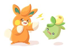  highres no_humans o_o olive open_mouth orange_fur pawmo pocketekcop pokemon pokemon_(creature) pokemon_focus simple_background smoliv tail tearing_up wavy_mouth white_background 