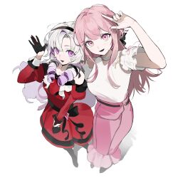  2girls :d absurdres arm_around_another's_back bare_shoulders black_gloves breasts commentary detached_sleeves dress full_body gloves grey_hair hair_ribbon hairband hand_up high-waist_skirt highres hyakumantenbara_salome hyakumantenbara_salome_(1st_costume) long_hair long_skirt long_sleeves looking_at_viewer mikogami_kotone mikogami_kotone_(1st_costume) multicolored_hair multiple_girls nijisanji off-shoulder_dress off_shoulder open_mouth parted_bangs pink_eyes pink_hair pink_skirt purple_streaks red_dress ribbon ringlets shirt sidelocks simple_background skirt sleeveless sleeveless_shirt smile standing streaked_hair untranslatable_commentary violet_eyes virtual_youtuber white_background white_shirt zuzuro_me 