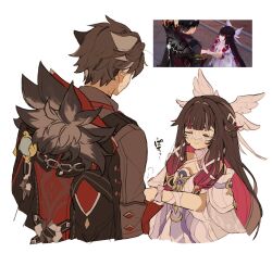  1boy 1girl arm_ribbon black_coat black_hair blue_dress blunt_bangs bow chain closed_eyes closed_mouth coat coat_on_shoulders collared_shirt colored_inner_hair columbina_(genshin_impact) commentary_request crescent detached_sleeves dress ear_piercing eye_mask facing_away feathered_wings from_behind game_screenshot_inset genshin_impact gradient_hair grey_shirt grey_streaks hair_intakes hair_ribbon head_wings highres iwashi_(iwashi008) long_hair looking_at_another looking_down mask multicolored_hair multiple_wings piercing punching red_hair reference_inset ribbon scar scar_on_neck screenshot_inset shirt short_hair short_sleeves sidelocks simple_background smile streaked_hair sweatdrop translation_request upper_body vision_(genshin_impact) white_background white_bow white_dress white_mask white_ribbon white_sleeves white_wings wide_sleeves wings wriothesley_(genshin_impact) wrist_bow 