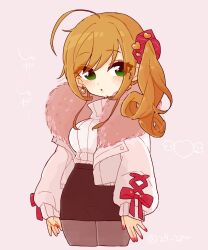  1girl 29_zyu ahoge brown_hair coat commentary_request earrings fur_trim green_eyes hair_ornament hair_scrunchie heart heart_earrings highres idolmaster idolmaster_cinderella_girls jewelry light_blush long_hair nail_polish open_mouth pantyhose pencil_skirt puffy_coat red_ribbon ribbon sato_shin scrunchie side_ponytail skirt solo turtleneck 