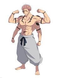  1boy abs absurdres arm_tattoo barefoot chest_tattoo closed_mouth ear_piercing extra_arms extra_eyes extra_mouth facial_tattoo full_body highres jujutsu_kaisen large_pectorals muscular muscular_male n3croart pants pectorals piercing pink_hair red_eyes ryoumen_sukuna_(jujutsu_kaisen) ryoumen_sukuna_(true_form)_(jujutsu_kaisen) short_hair simple_background solo tattoo topless_male white_background white_pants 