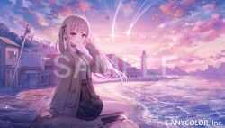  1girl ahoge arm_support beach black_choker black_necktie black_ribbon black_skirt building cardigan cellphone choker cityscape clouds cloudy_sky collared_shirt commentary company_name copyright_notice dress_shirt from_side grey_cardigan grey_eyes grey_hair hair_ribbon hand_in_own_hair heterochromia ishigami_nozomi ishigami_nozomi_(school_uniform) lighthouse long_hair long_sleeves looking_at_viewer multicolored_hair nail_polish necktie nijisanji ocean official_art outdoors phone plaid_clothes plaid_skirt pleated_skirt red_eyes red_nails red_streaks ribbon sample_watermark sand school_uniform shirt shirt_tucked_in sitting skirt sky sleeves_past_wrists smartphone smile solo streaked_hair tamagonezu utility_pole virtual_youtuber watermark white_shirt 