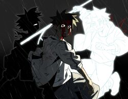  3boys absurdres apparition black_eyes black_hair blood blood_on_face crescent_print dark_persona false_memory gaogainiantang ghost glowing he_mingshuo highres holding holding_stick jacket male_focus multiple_boys multiple_persona open_clothes open_jacket pants print_jacket rain scar shirt shoes sleeves_rolled_up solo_focus spiky_hair stick sword_print white_eyes white_hair white_jacket white_pants white_shirt white_shoes wing_print wings 