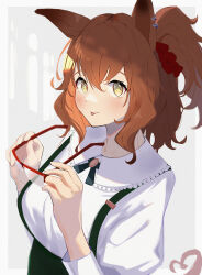  1girl absurdres animal_ears aston_machan_(casual)_(umamusume) aston_machan_(umamusume) blush breasts brown_hair casual closed_mouth commentary_request glasses green_eyes green_skirt hair_ornament hair_scrunchie highres holding holding_removed_eyewear horse_ears horse_girl horse_tail large_breasts long_sleeves looking_at_viewer medium_hair one_side_up over-rim_eyewear red-framed_eyewear red_scrunchie sansai_soba scrunchie semi-rimless_eyewear shirt skirt smile solo suspender_skirt suspenders tail tongue tongue_out umamusume unworn_eyewear white_shirt 