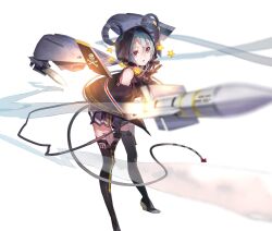  1girl 404_game_re:set after_burner_(game) animal_ears black_boots black_gloves black_hoodie black_skirt blurry blurry_foreground boots cable cable_tail cathode_(404_game_re:set) clothing_cutout commentary_request fake_animal_ears firing floating floating_object foot_out_of_frame gloves hand_on_own_thigh hand_up highres hood hood_up hoodie looking_at_viewer mechanical_ears mechanical_tail missile mouse_ears mouse_tail official_art orange_eyes parted_lips personification pleated_skirt short_hair shoulder_cutout simple_background skirt skull_and_crossbones smoke solo star_(symbol) tail thigh_boots white_background white_hair yuugen 