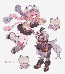 2girls :o absurdres ahoge animal_ears aqua_bow aqua_bowtie aqua_streaks asymmetrical_legwear bandaid bandaid_on_cheek bandaid_on_face bandaid_on_leg bandaid_on_nose belt black_boots black_hairband black_shirt black_shoes black_skirt black_socks black_thighhighs blush body_markings boots bow bowtie braid breasts brooch brown_sleeves cheesy_mushroom_skewer_(genshin_impact) closed_mouth clothing_cutout cow_ears cow_girl cow_horns cow_tail crop_top crossed_bangs dark-skinned_female dark_skin detached_sleeves earrings eating floating_hair food food_on_face fur-trimmed_boots fur_trim genshin_impact gold_earrings gold_ring green_eyes grey_hair hair_between_eyes hair_intakes hair_ornament hair_tubes hairband hands_up heart highres holding holding_food holding_skewer horns iansan_(genshin_impact) jewelry kneehighs large_breasts leg_warmers long_hair long_sleeves looking_at_viewer low_twintails midriff miniskirt multicolored_boots multicolored_hair multiple_earrings multiple_girls multiple_rings navel necklace nodori710 open_mouth orange_boots pink_belt pink_bow pink_bowtie pink_hair pleated_skirt pointy_ears puffy_detached_sleeves puffy_long_sleeves puffy_sleeves ring shirt shoes shoulder_cutout sidelocks simple_background single_kneehigh single_sock single_thighhigh skewer skirt skull_hair_ornament socks stomach streaked_hair tail tail_bow tail_ornament tatankasaurus_(genshin_impact) teeth thick_thighs thigh-highs thighs twin_braids twintails two-tone_bow two-tone_bowtie upper_teeth_only v-shaped_eyebrows varesa_(genshin_impact) very_long_hair violet_eyes white_background white_horns white_leg_warmers white_thighhighs 