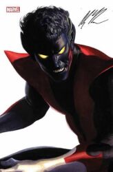  1boy alex_ross black_bodysuit black_hair blue_skin bodysuit clenched_teeth colored_sclera colored_skin comic_cover company_name cover cover_page curly_hair dark_skin gloves looking_at_viewer male_focus marvel multicolored_bodysuit nightcrawler no_pupils official_art pointy_ears realistic red_bodysuit short_hair signature simple_background solo teeth upper_body very_dark_skin western_comics_(style) white_background white_gloves x-men yellow_sclera 